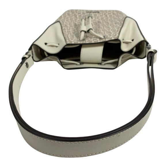 CALVIN KLEIN Taupe/Bone White CK Signature Logo Drawstring Bucket Shoulder Bag - Picture 7 of 14